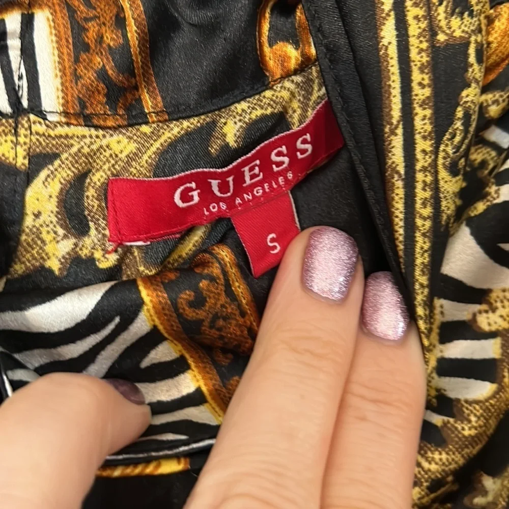 Guess silk cropped blouse with animal print and gold chain detail size small